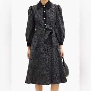 Batsheva || Polka-Dot Wool Midi Dress Tie Waist Pearl Gray Black 10